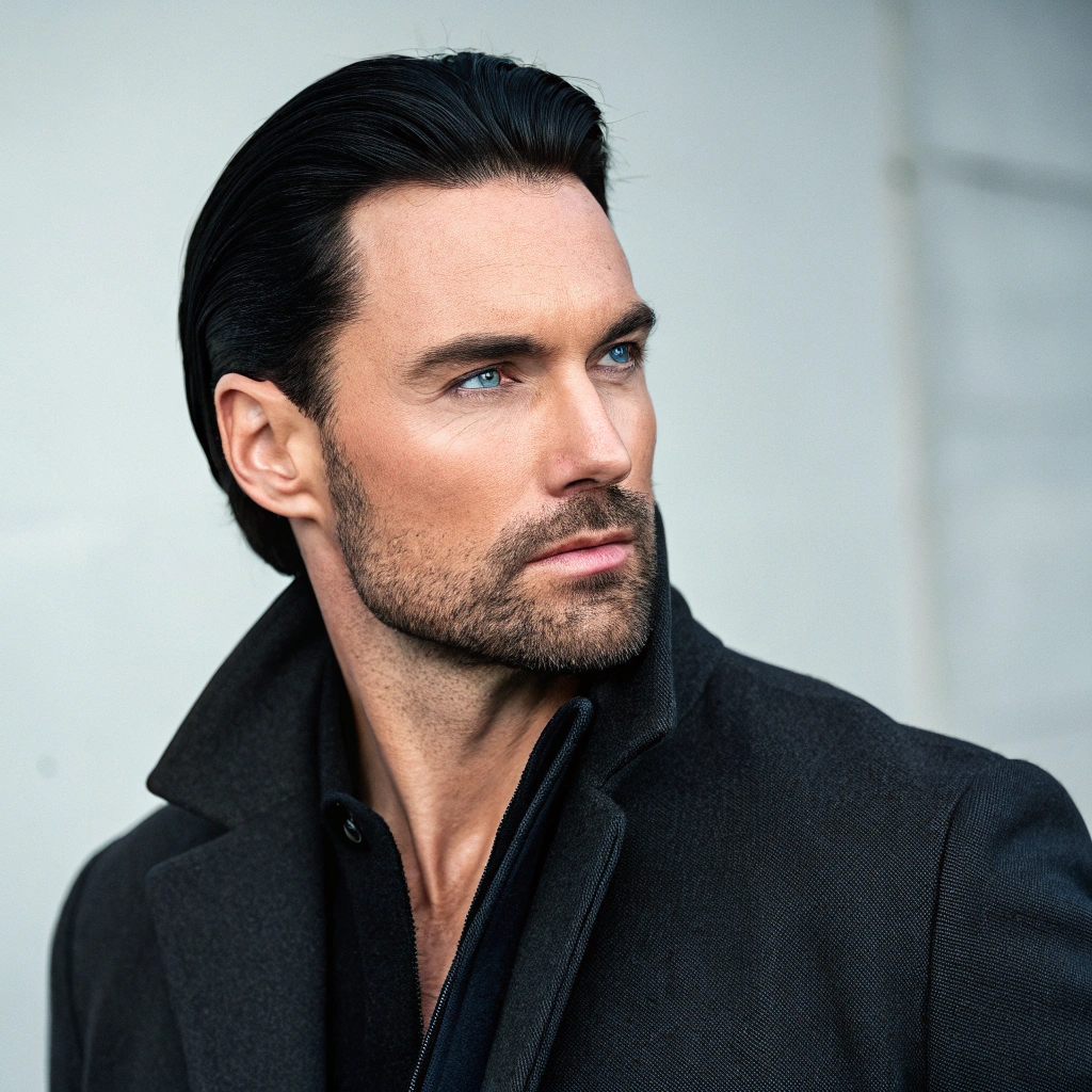 AI generated image by Red Panda AI: A 35-year-old man with an oval face and a well-defined jawline. His piercing almond-shaped icy blue eyes stand out beneath thick black hair perfectly slicked back. He has a straight, slightly sharp nose, and his lips are subtly full. He occasionally sports a light, well-groomed beard but is usually clean-shaven. His fair, almost pale skin reveals a discreet scar on the side of his torso, a detail he rarely explains. Standing 1.88 meters tall, he has a muscular, athletic, and disciplined physique, reflecting his dedication to training. He is dressed in a formal, elegant style, wearing a perfectly tailored dark jacket complemented by understated accessories, including a luxury watch and a ring on his right index finger. His demeanor exudes mystery and control, with a cold and calculating expression.

Size: 1024x1792 (full-body portrait).