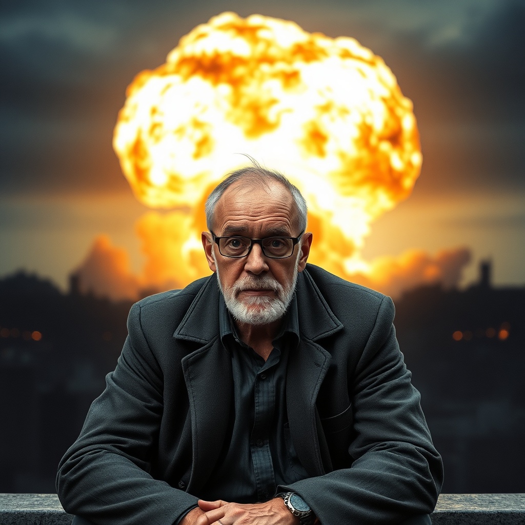 AI generated image by FLUX.1-schnell: Ein Mann, 51 Jahre alt, der auf einer Bank sitzt, Kopf gesenkt, stark tätowiert. Im Hintergrund ist eine Atomexplosion zu sehen.
