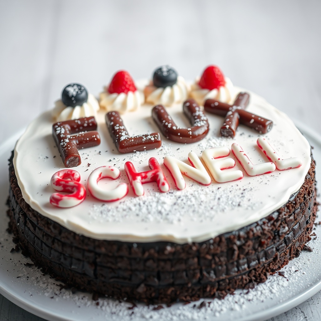 AI generated image by FLUX.1-schnell: black forest gateau cake spelling out the words "FLUX SCHNELL", tasty, food photography, dynamic shot