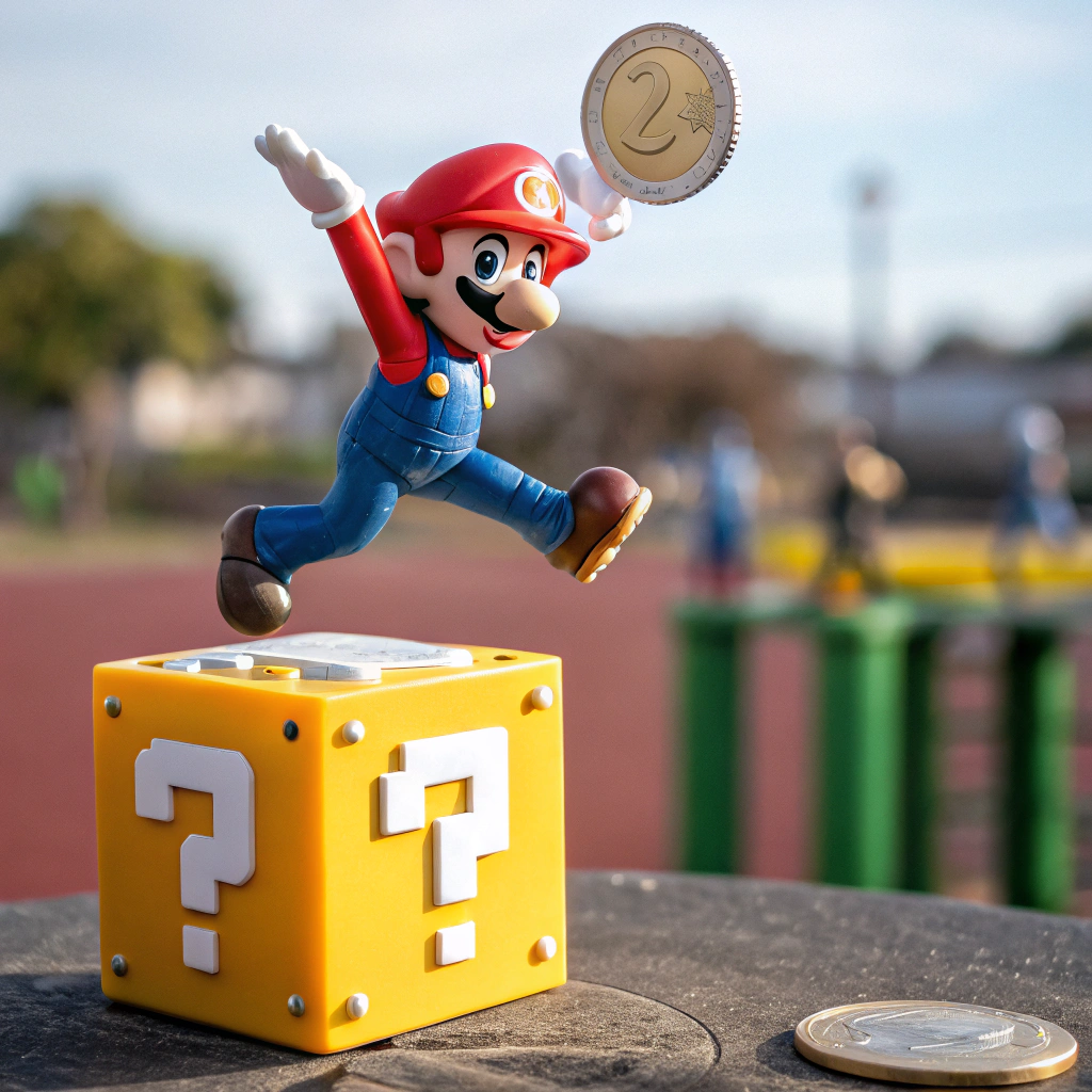 AI generated image by Red Panda AI: Image of Super Mario jumping on a question block, a coin comes out of the question block