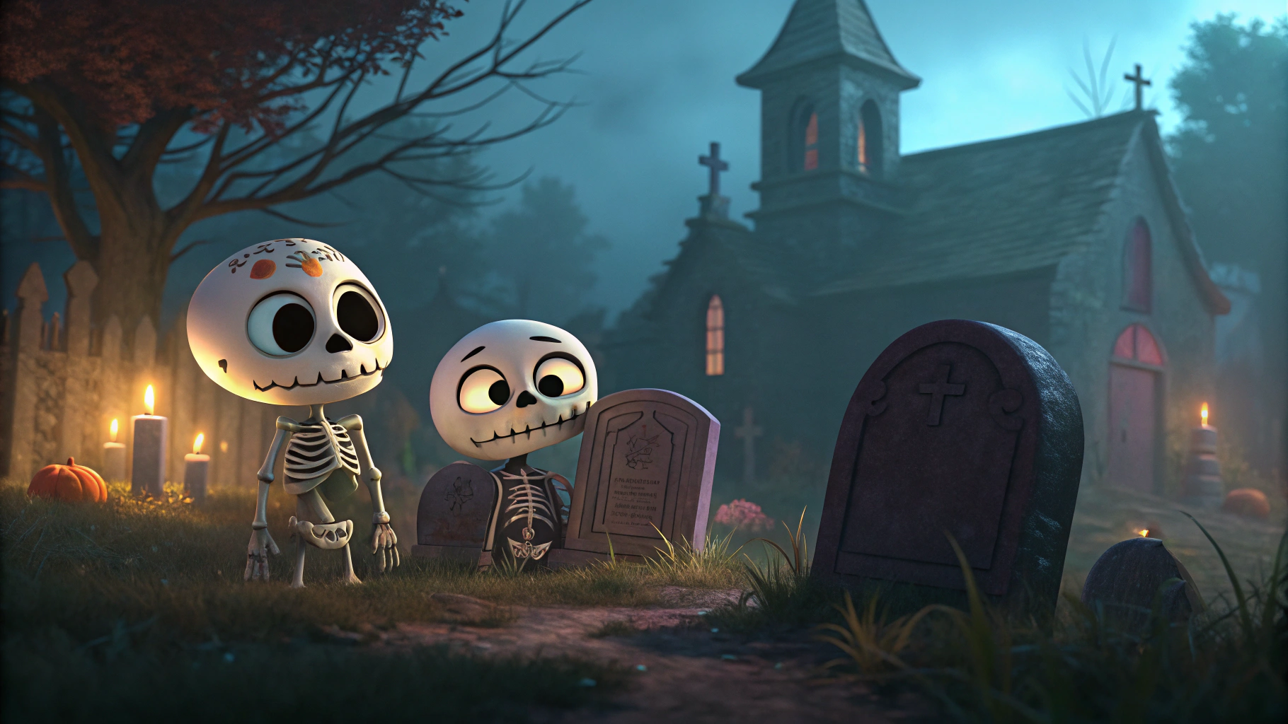 AI generated image by Red Panda AI: Two cute skeletons, pixar studio 3D style, emerging from their graves. The backdrop is a dark, misty cemetery with gloomy gravestones and a haunted, dimly lit church. The mood is eerie but fun, with a soft glow that illuminates and enhances its vibrant colors. The scene suggests to viewers a spooky but fun world.