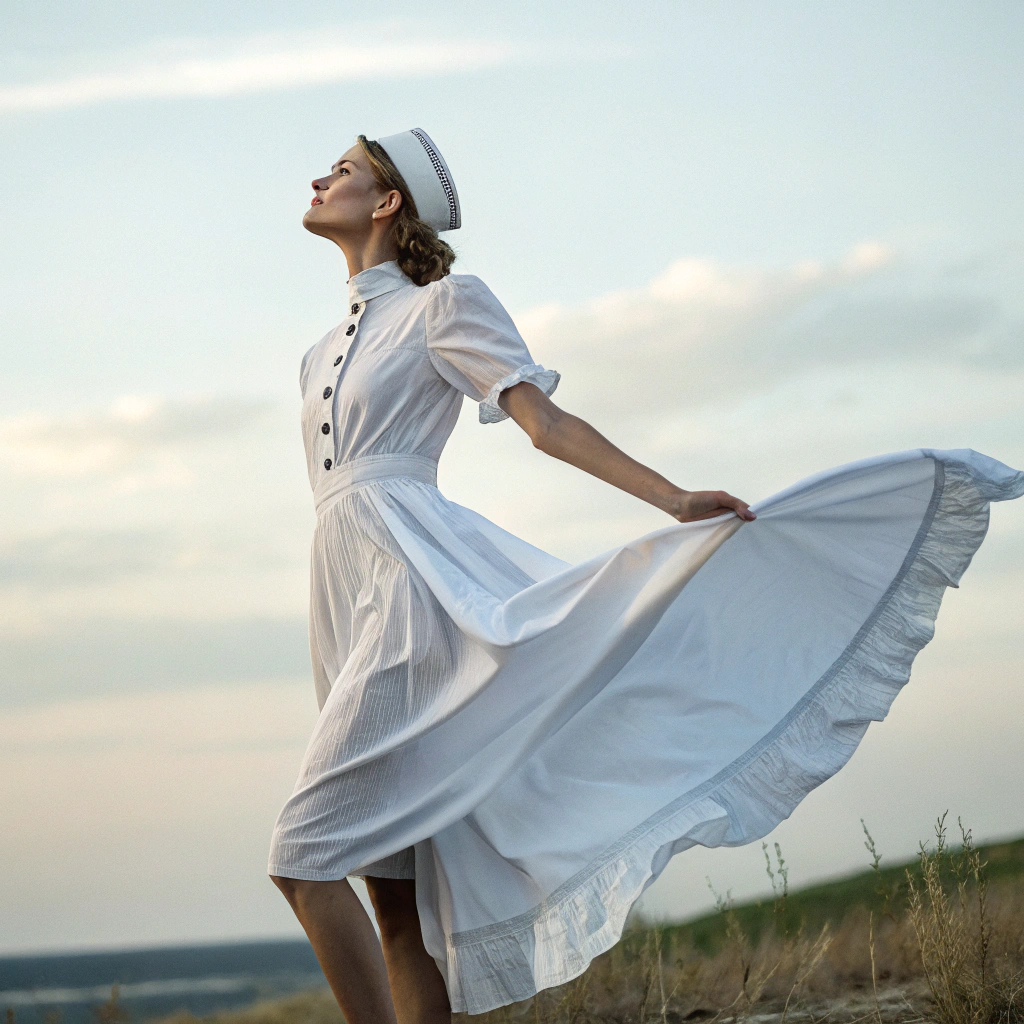 AI generated image by FLUX.1-schnell: tall and skinny woman in a nurse's dress which flies in the wind