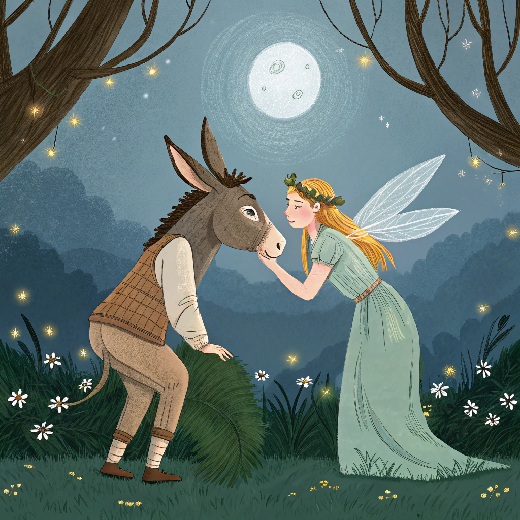 AI generated image by Red Panda AI: Bottom	A weaver, one of the artisans. He is turned into an ass by Puck and falls in love with Titania.