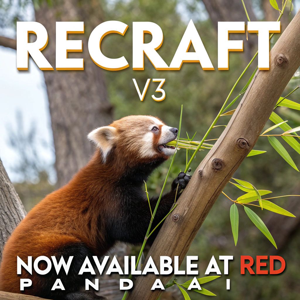 AI generated image by Red Panda AI: a red panda eating a bamboo in front of a poster that says "recraft V3 now available at red panda ai