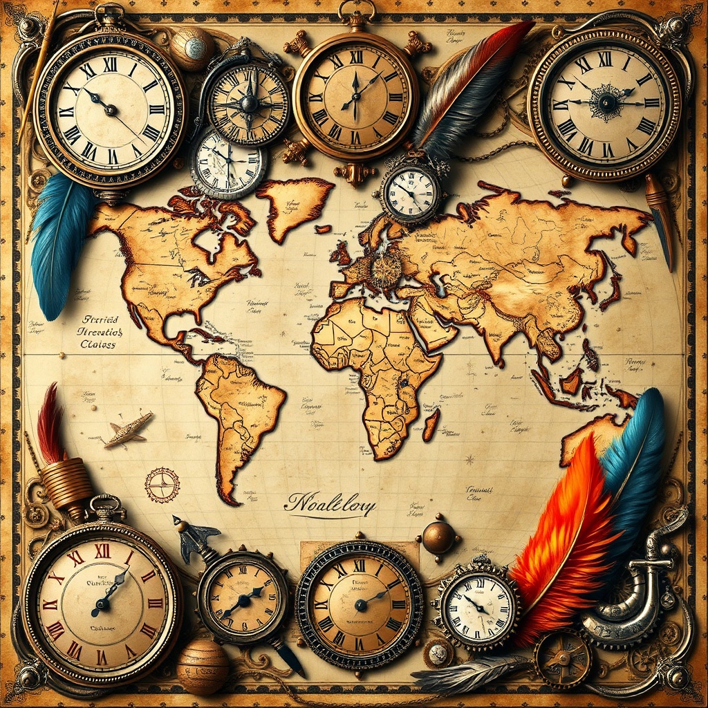 AI generated image by FLUX.1-schnell: an intricate and ornate world map, surrounded by antique clocks, compasses, gears, feathers, flames, detailed metalwork and steampunk elements, vintage nautical and travel themed collage