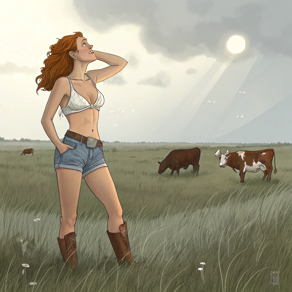 AI generated image by Red Panda AI: Create a southern redhead girl wearing daisy dukes, tall leather cowboy boots and nothing else but a white bra. She is in a cattle field spilling milk on her breast and the weather is hot as hell.