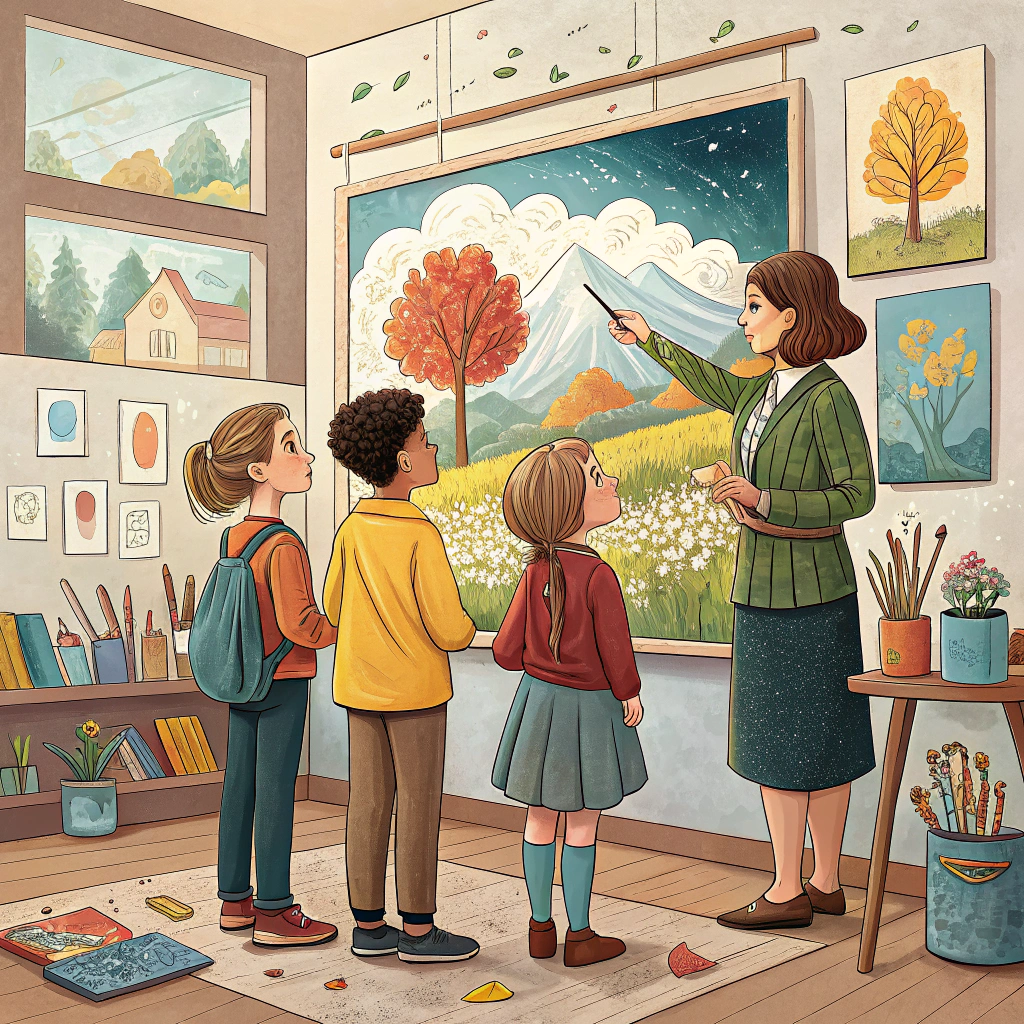 AI generated image by Red Panda AI: 5 étudiants regardant un tableau avec leur professeur qui leur donne des conseils

