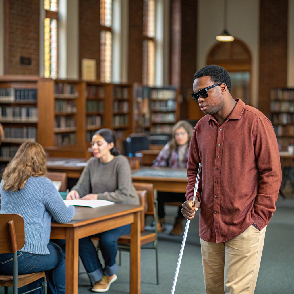 AI generated image by Red Panda AI: Waist up portrait of diverse group of students in library with blind man in foreground