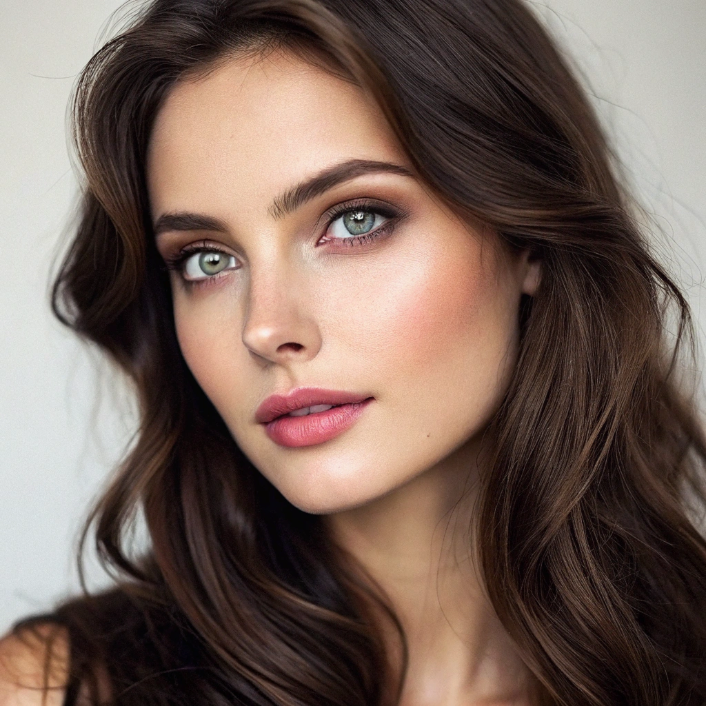 AI generated image by Red Panda AI: A realistic portrait of a beautiful Slavic brunette woman with symmetrical facial features. She has long, dark brown hair styled in soft waves, framing her face perfectly. Her eyes are large and almond-shaped, with a deep brown color, and her skin is fair with a natural, healthy glow. She is looking directly at the viewer, with a calm and confident expression, highlighting her well-defined features: a straight nose, full lips with a subtle pink hue, and natural makeup enhancing her beauty. The lighting is soft and even, creating a balanced look and bringing out the symmetry of her face. The background is neutral and slightly blurred to keep the focus entirely on her face. The style is highly detailed and photorealistic. bardziej naturalnie mniejszy makeup i retusz