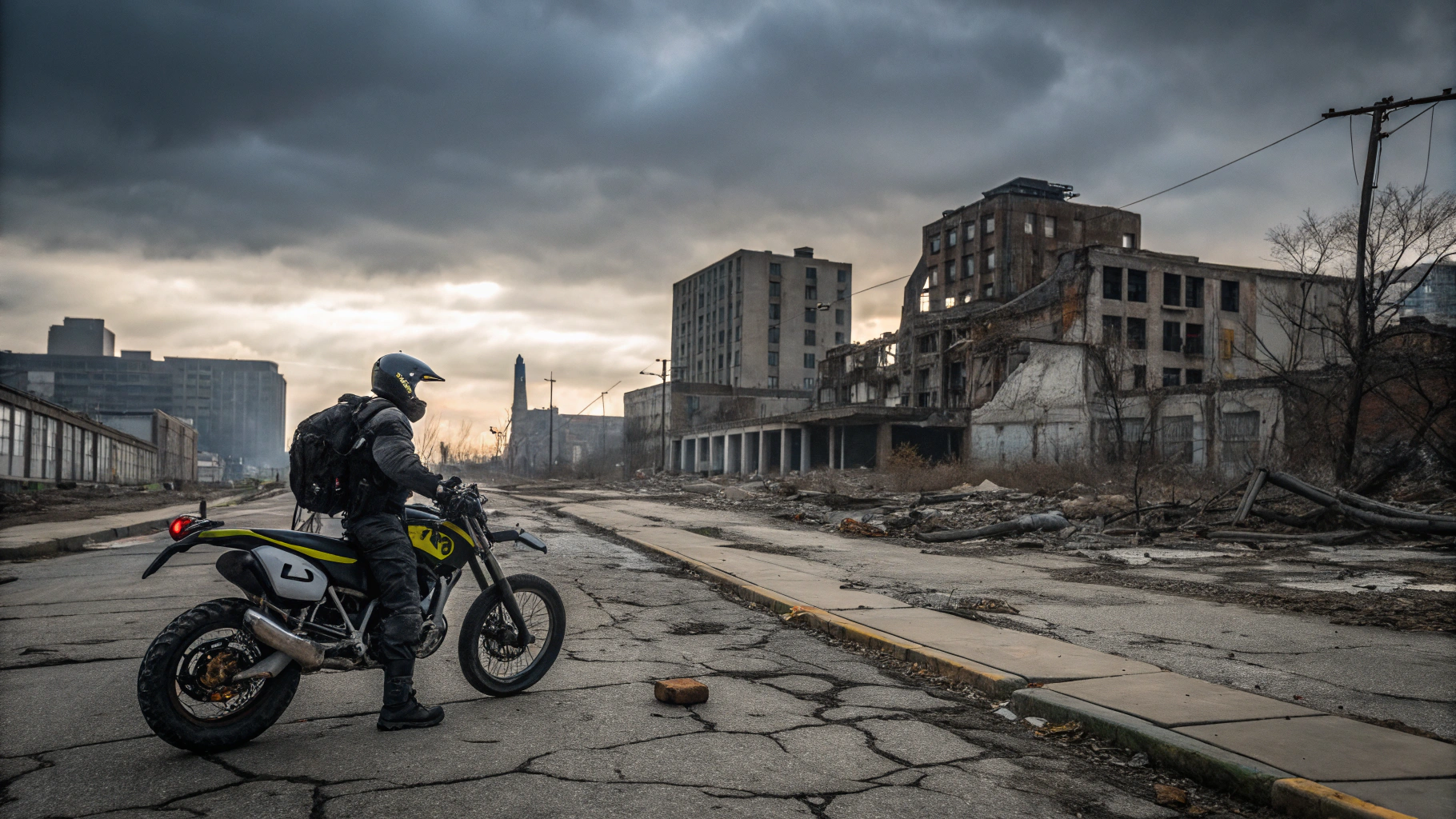 AI generated image by Red Panda AI: Scuba diver on motocross bike with ski equipment in after atomic strike in the neyyork