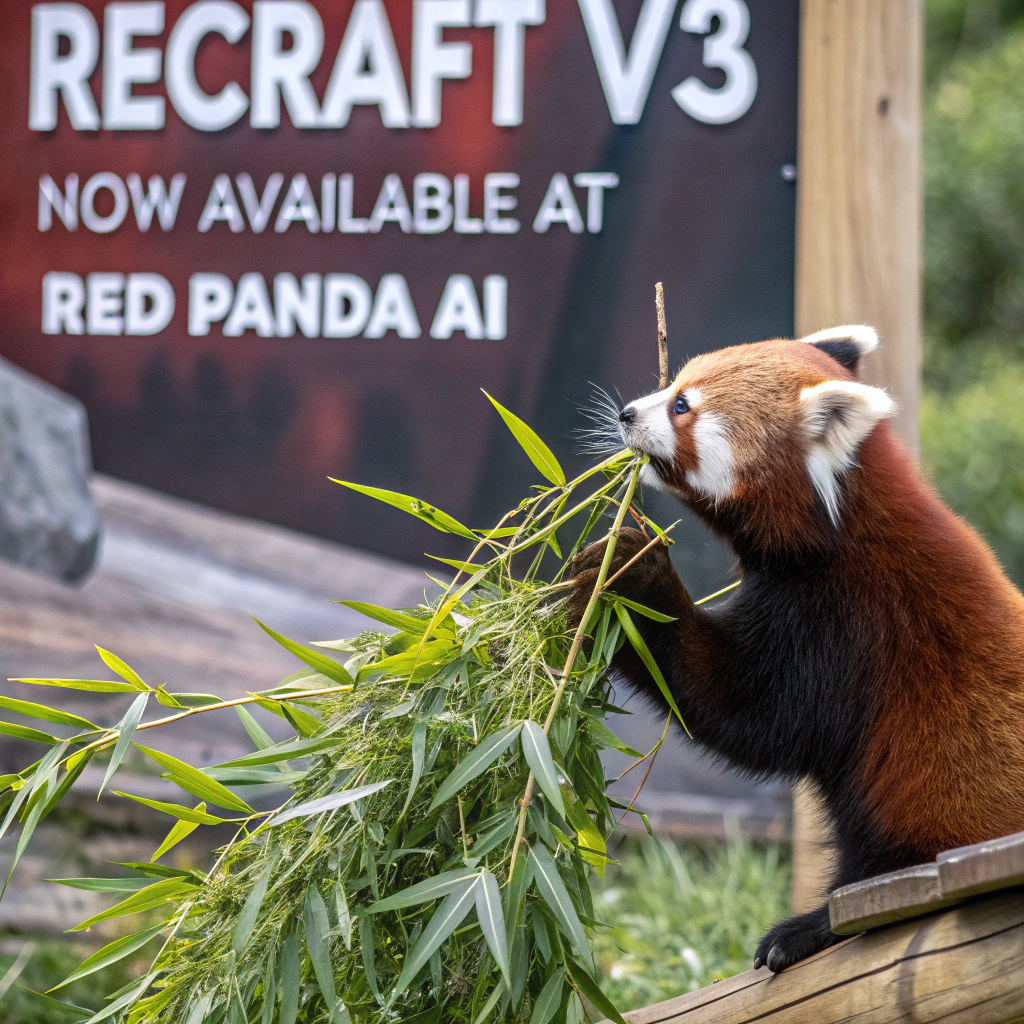 AI generated image by Red Panda AI: a red panda eating a bamboo in front of a poster that says "recraft V3 now available at red panda ai