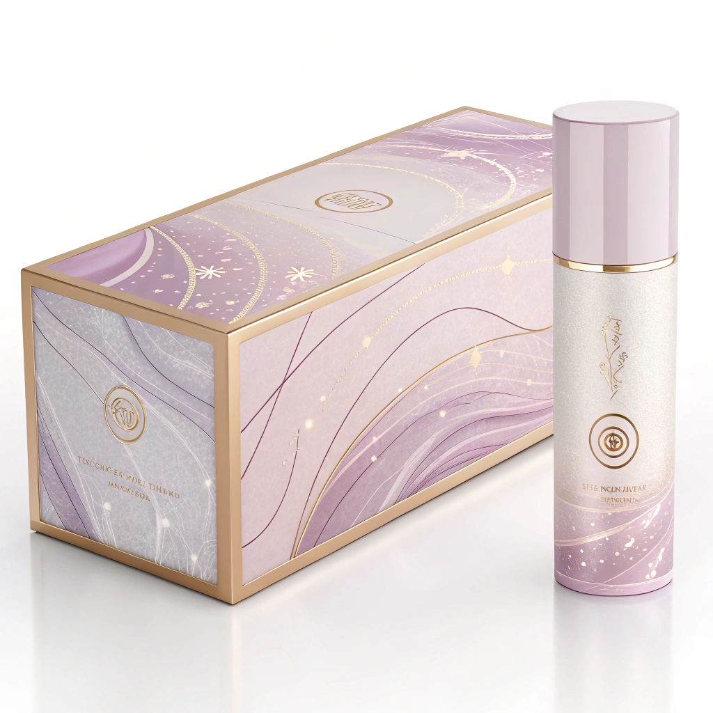 AI generated image by Red Panda AI: /imagine prompt:
A refined, rectangular packaging design for a collagen serum, featuring a silky pearlescent 
finish in pale lavender and soft ivory gradient. Subtle brush strokes or swirling patterns 
on the surface hint at delicate fluidity. Use rose-gold foil for the logo and border details. 
Show a photorealistic 3D render with gentle highlights that emphasize the silky texture, 
resonating with a youthful yet premium aesthetic on social media platforms. --ar 3:2 --v 4
