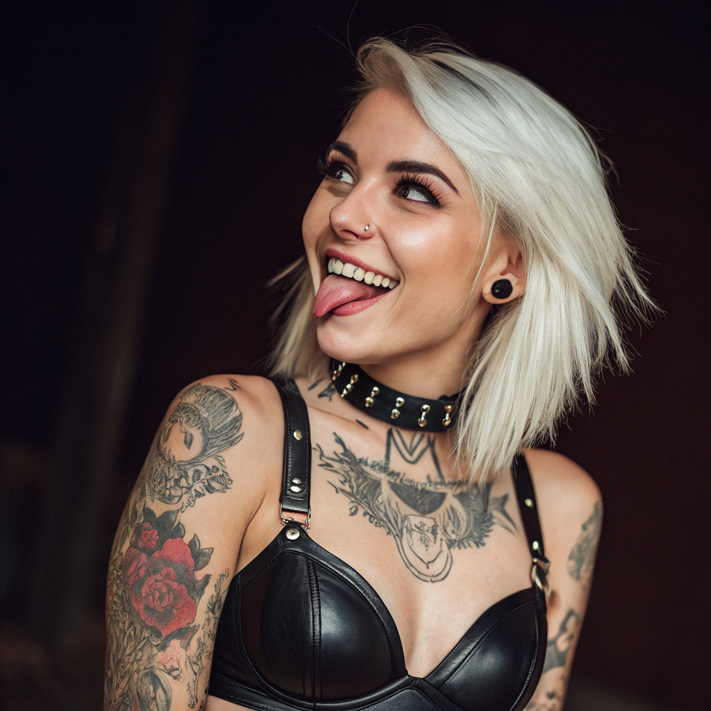 AI generated image by Red Panda AI: Portrait of a gorgeous woman, 20 years old, with open lush breasts, a thin leather bra, waist-length, with tattoos on her arms, long white hair, and a piercing gaze. The woman playfully sticks out her tongue and smiles. Long white hair frames an expressive face with clearly defined eyebrows and full lips. The skin is smooth, warm tone. The body is decorated with numerous tattoos, especially noticeable on the arms and chest. The neck is adorned with a black leather choker with metal elements. The background is dark, which creates a dramatic contrast. Directional lighting emphasizes facial features and sparkle in the eyes. The style of the photo is a glamorous portrait with elements of alternative aesthetics. Close-up, focus on the face and upper body.

