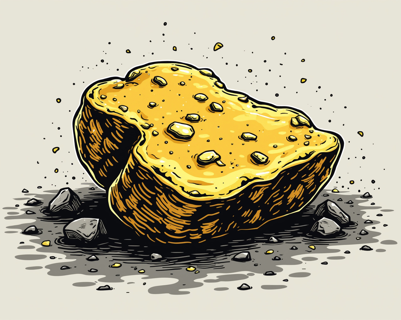 AI generated image by FLUX.1-pro: Generate a black and white illustration of a gold nugget. The style of the illustration is fun and comic. I want to in cooperate the word  "Goldstück".