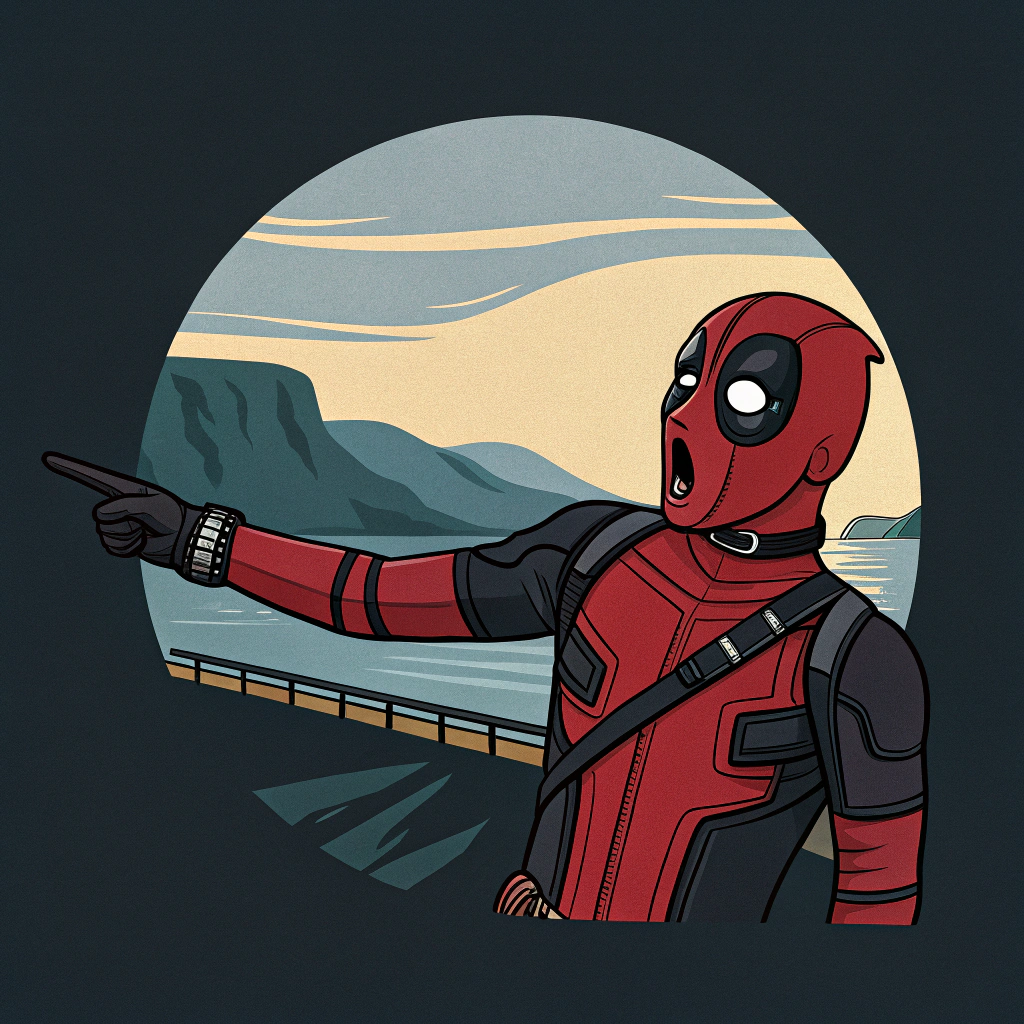 AI generated image by Red Panda AI: genera una imagen con el fondo oscuro y en el centro deadpool mirando un paisaje hacia la derecha estilo cartoon minimalista, que deadpool salga desde la cabeza hasta la cintura y que este sorprendido mirando el paisaje y que lo este señalando