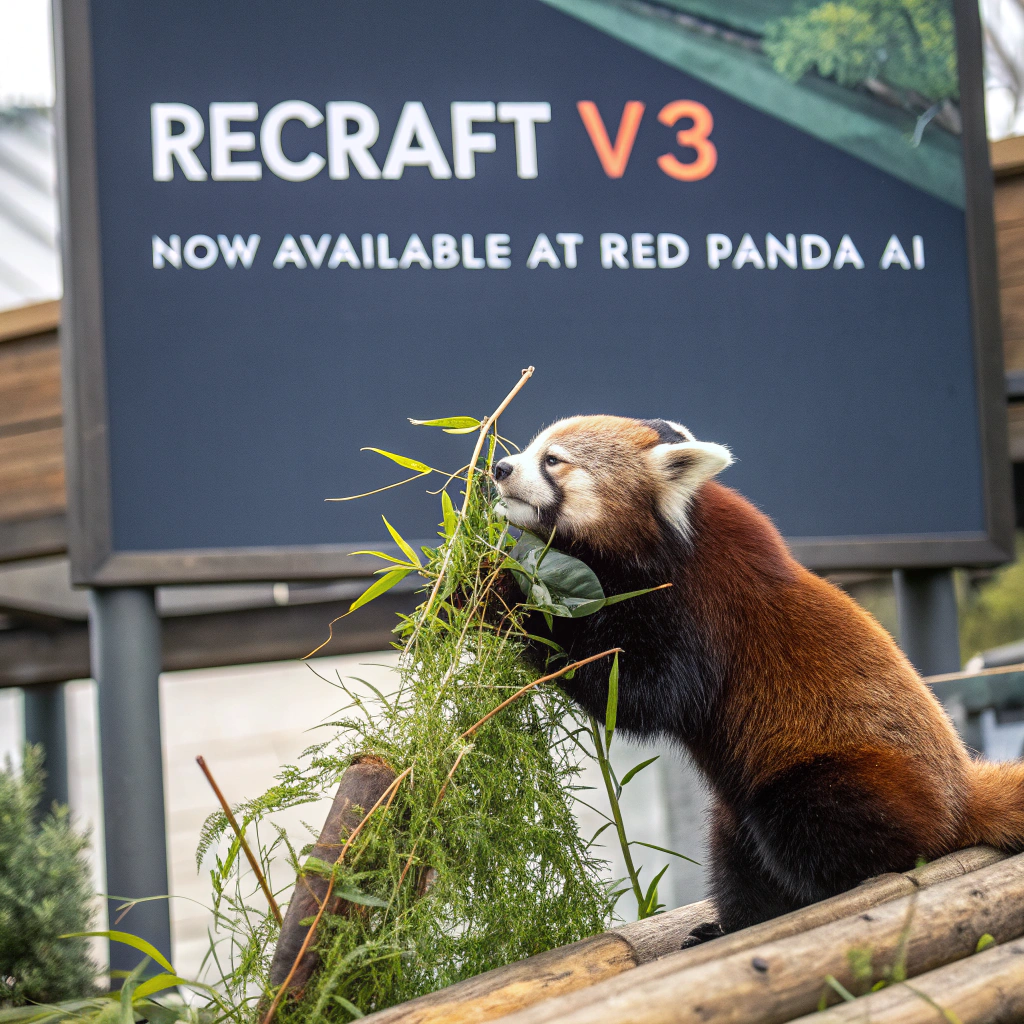 AI generated image by Red Panda AI: a red panda eating a bamboo in front of a poster that says "recraft V3 now available at red panda ai