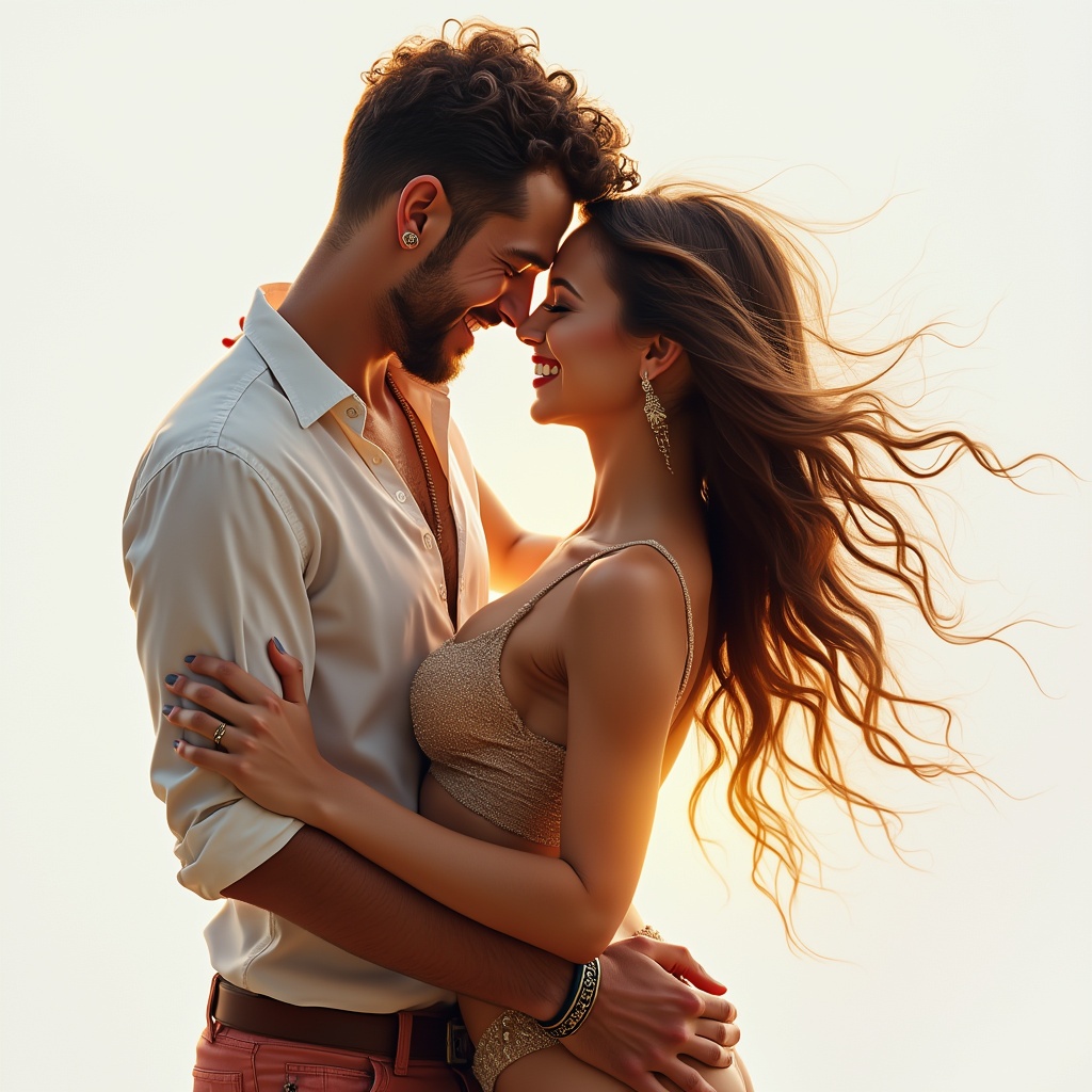 AI generated image by FLUX.1-pro: Crear una imagen hiperrealista  de una pareja hombre y mujer a cuerpo completo de 30 años a cuerpo completo con una sonrisa bailando musica salsa latina en un fondo blanco

