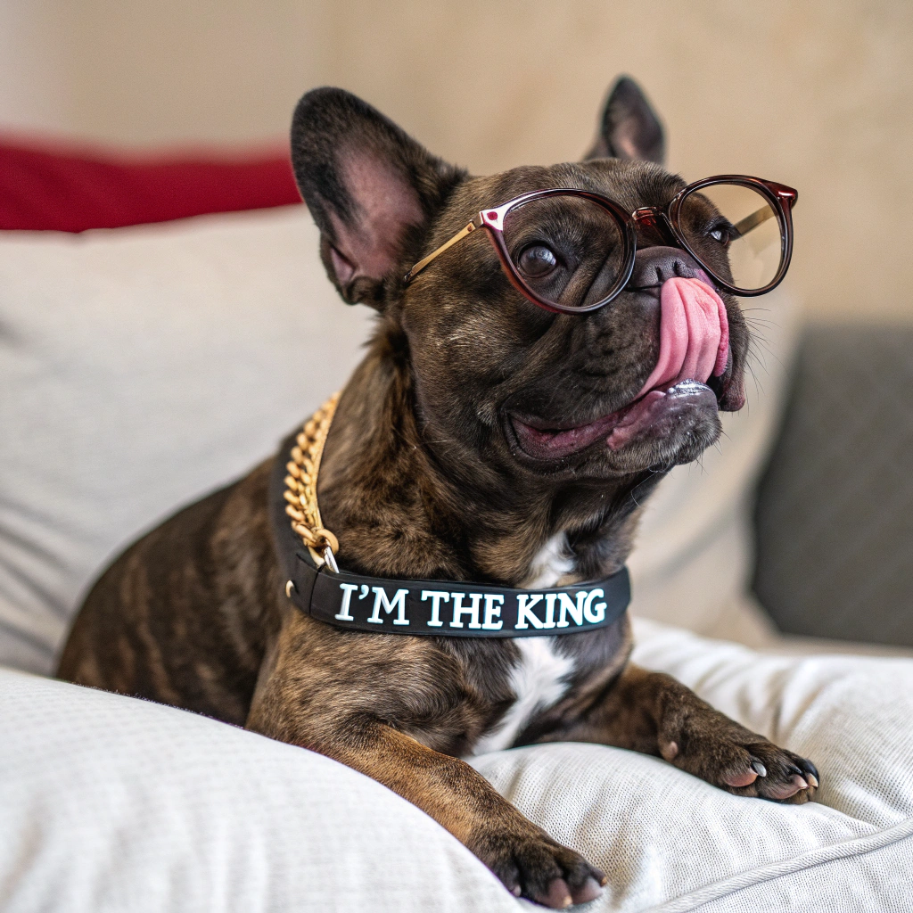 AI generated image by Red Panda AI: A bridle colored French bulldog with glasses licking his paws and with a necklace that says I’m the king
