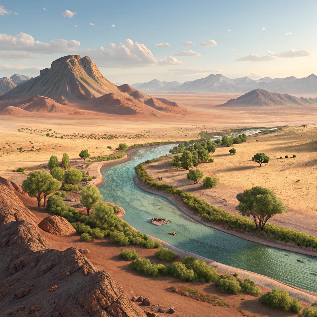AI generated image by Red Panda AI: Imagen: Un paisaje del desierto de Atacama con montañas lejanas y un pequeño oasis verde con un charquito de agua al costado de un rio mui largo al estilo pixar en 3d