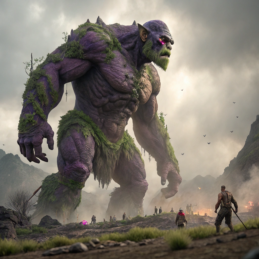 AI generated image by Red Panda AI: Crie uma imagem ultrarealista de um troll das montanhas, um troll muito forte e muito grande, medindo mais de 4 metros, ele tem a pele roxa com secreção verde saindo pelo corpo, ele contem 5 cabeças espalhadas pelo corpo, ele está prestes a enfrente seu oponete, um humano de 1,70mt mas que é muito forte e está muito bem equipado com sua armadura de vibranio, ele contém um poder incomparavel e essa batalha será epica, crie um cenario caotico, pos apocaliptico, e deixa a sensação que essa batalha pode mudar o curso da historia do mundo, pois o humano está lutando para proteger os poucos humanos que restaram.