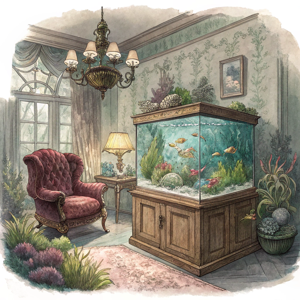 AI generated image by Red Panda AI: A watercolor-style illustration of a Victorian room with a large wooden aquarium in the foreground, filled with colorful fish swimming among soft, lush plants. The room features Victorian furniture, like a velvet armchair and antique lamp, with a soft glow from a chandelier. The style is an artistic, non-realistic illustration with visible brush strokes, emphasizing the whimsical and magical atmosphere. The colors are soft and muted, with a dream-like quality, making the aquarium the focal point of the image."