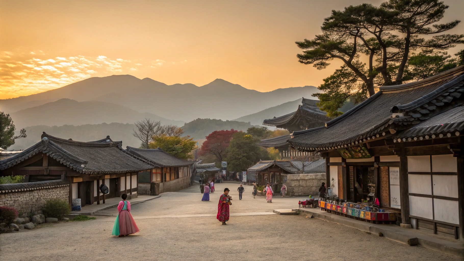 AI generated image by Red Panda AI: Depict an early morning scene in a peaceful Silla Dynasty village, bathed in the golden light of sunrise. The sky above the village is aglow, casting a warm hue over the traditional thatched houses. Villagers, dressed in colorful hanboks, begin their daily routines; children play joyously in the central square. In the background, the majestic silhouettes of Seokgatap and Bulguksa Temple are faintly visible against the distant mountains, enhancing the scenic beauty. Women, adorned in vibrant silk jeogori and flowing chima skirts, mingle near market stalls, selling seasonal fruits and vegetables. The bustling traditional market is alive with trades of various goods.