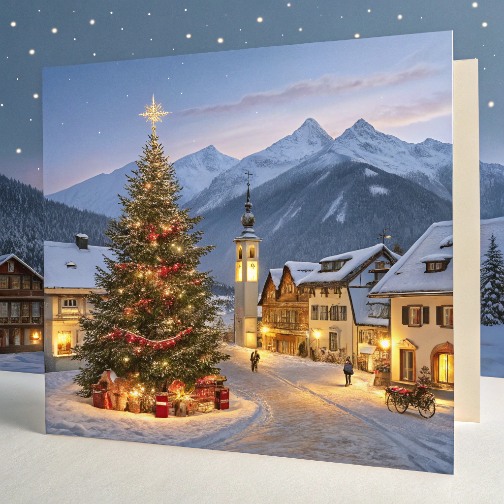 AI generated image by Red Panda AI: Generate a Christmas card with fairy tale graphics. A city in the mountains, lit with lanterns in the evening and in the middle of the central square a very large Christmas tree decorated with many presents
