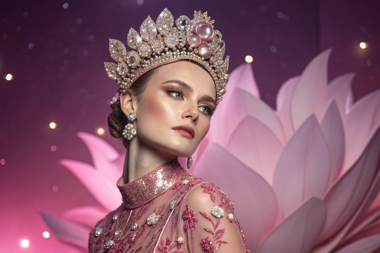 AI generated image by Red Panda AI: High-fashion fantasy portrait, ultra-high detail, centered on a woman with extravagant jewel-encrusted headdress, metallic pink and rose-gold tones, luxurious textured fabric gown with intricate floral patterns, embellished with crystal and pearl accents, surreal floral arrangement in the background with glowing elements, soft yet vibrant lighting focusing on face and headdress, dramatic, sophisticated look, cosmic elegance with soft pink and magenta gradients in the background. The expression is confident and serene, emphasizing the opulent, otherworldly beauty.
