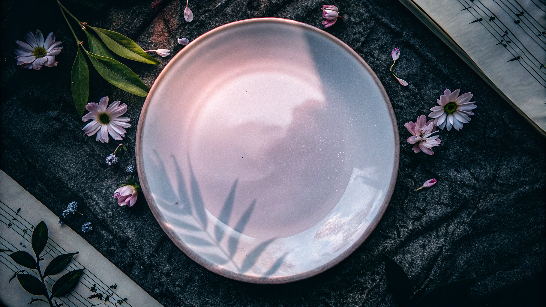AI generated image by Red Panda AI: Imagina un plato delicado y hermoso, con colores suaves y pastel, como tonos de azul celeste, rosa pálido y lavanda. En el centro, hay una brisa ligera que simboliza la respiración profunda y consciente, flotando suavemente sobre la superficie. Alrededor, pequeñas flores o elementos naturales, como hojas verdes y pétalos, representan la conexión con la naturaleza y la belleza. La luz que ilumina el plato es suave y difusa, evocando una sensación de calma y elevación, como si estuvieras flotando en las alturas. En el fondo, quizás se perciban notas musicales suaves o sonidos relajantes que complementan esa atmósfera de serenidad sublime.