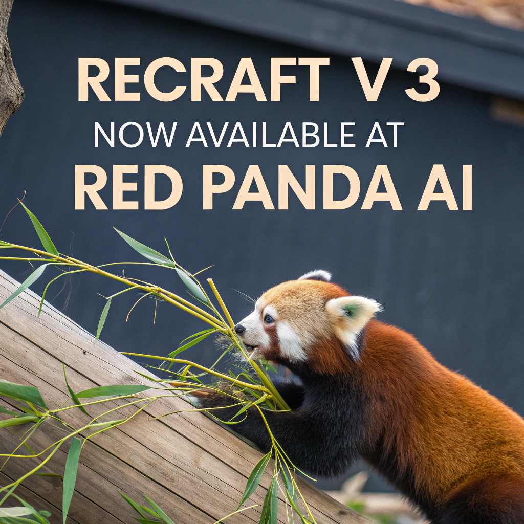 AI generated image by Red Panda AI: a red panda eating a bamboo in front of a poster that says "recraft V3 now available at red panda ai