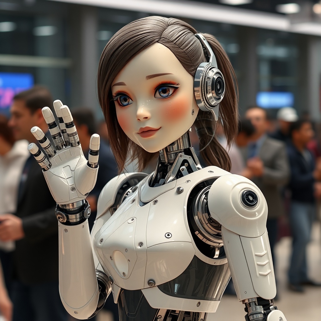 AI generated image by FLUX.1-schnell: A android girl waving at people, a mix of synthetic silicon flesh and mechanical joints