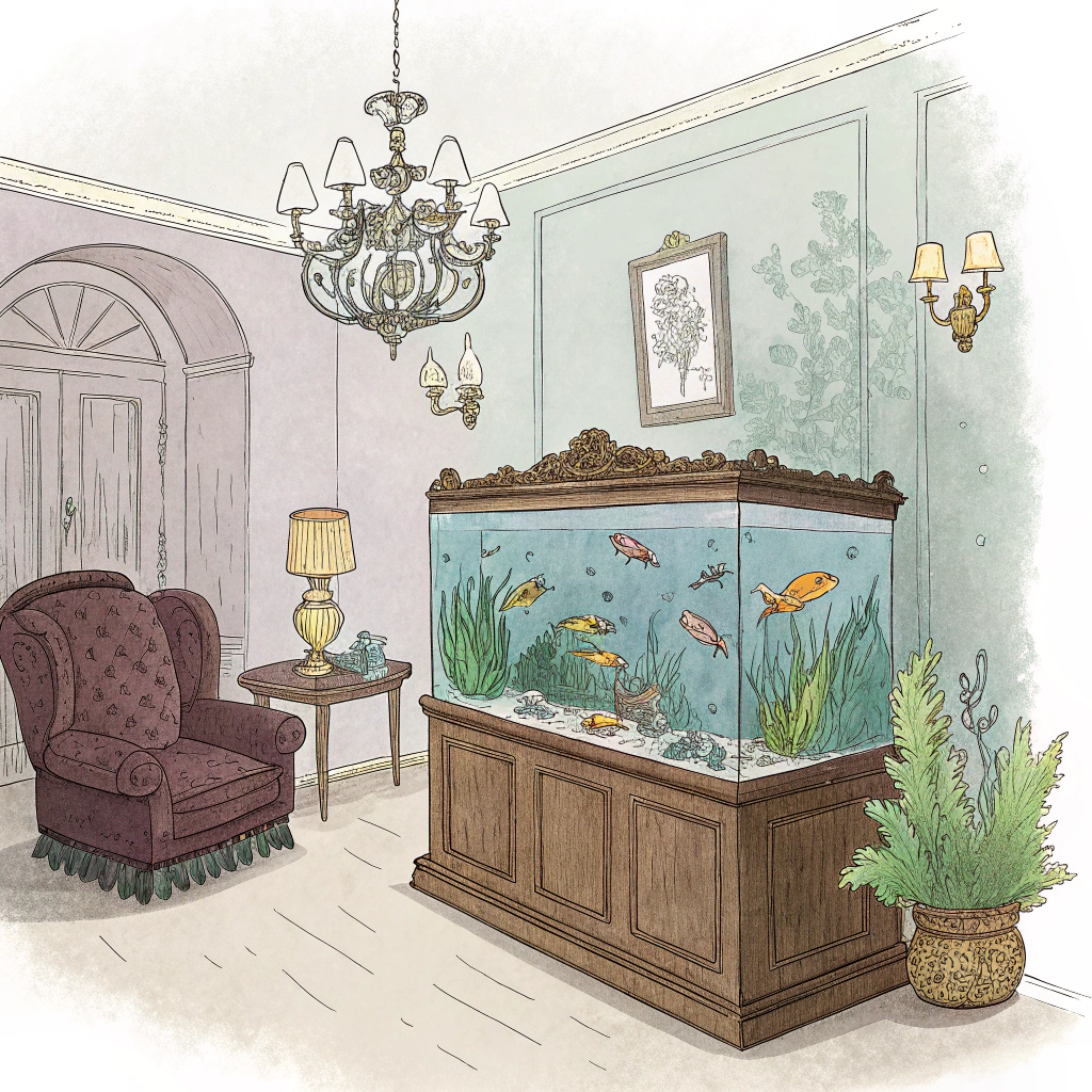 AI generated image by Red Panda AI: A watercolor-style illustration of a Victorian room with a large wooden aquarium in the foreground, filled with colorful fish swimming among soft, lush plants. The room features Victorian furniture, like a velvet armchair and antique lamp, with a soft glow from a chandelier. The style is an artistic, non-realistic illustration with visible brush strokes, emphasizing the whimsical and magical atmosphere. The colors are soft and muted, with a dream-like quality, making the aquarium the focal point of the image."