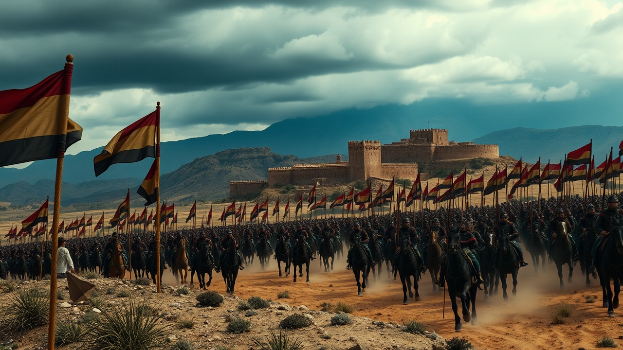 AI generated image by FLUX.1-schnell: A cinematic wide shot of a large, fortified medieval army gathering at the edge of the rugged, arid terrain. In the foreground, the banners of Nur ad-Din Zangi flutter in the wind, a dark, stormy sky overhead. In the distance, the heavily fortified city of Antioch stands, a beacon of strategic importance with its high stone walls and watchtowers. The army, clad in armor and mounted on horses, prepares to march toward the city, their faces determined. The mountains of modern-day Turkey and Syria serve as a looming backdrop. Dust rises from the ground as the tension builds.






