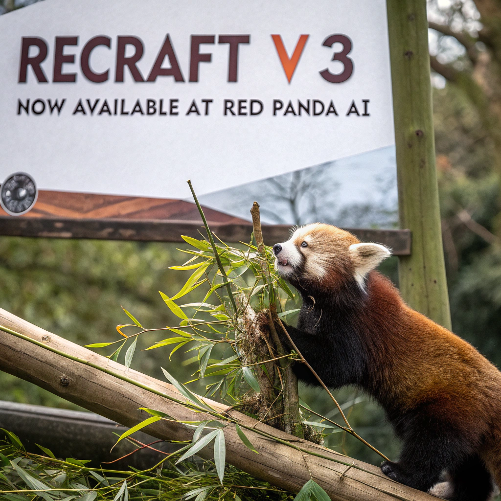 AI generated image by Red Panda AI: a red panda eating a bamboo in front of a poster that says "recraft V3 now available at red panda ai