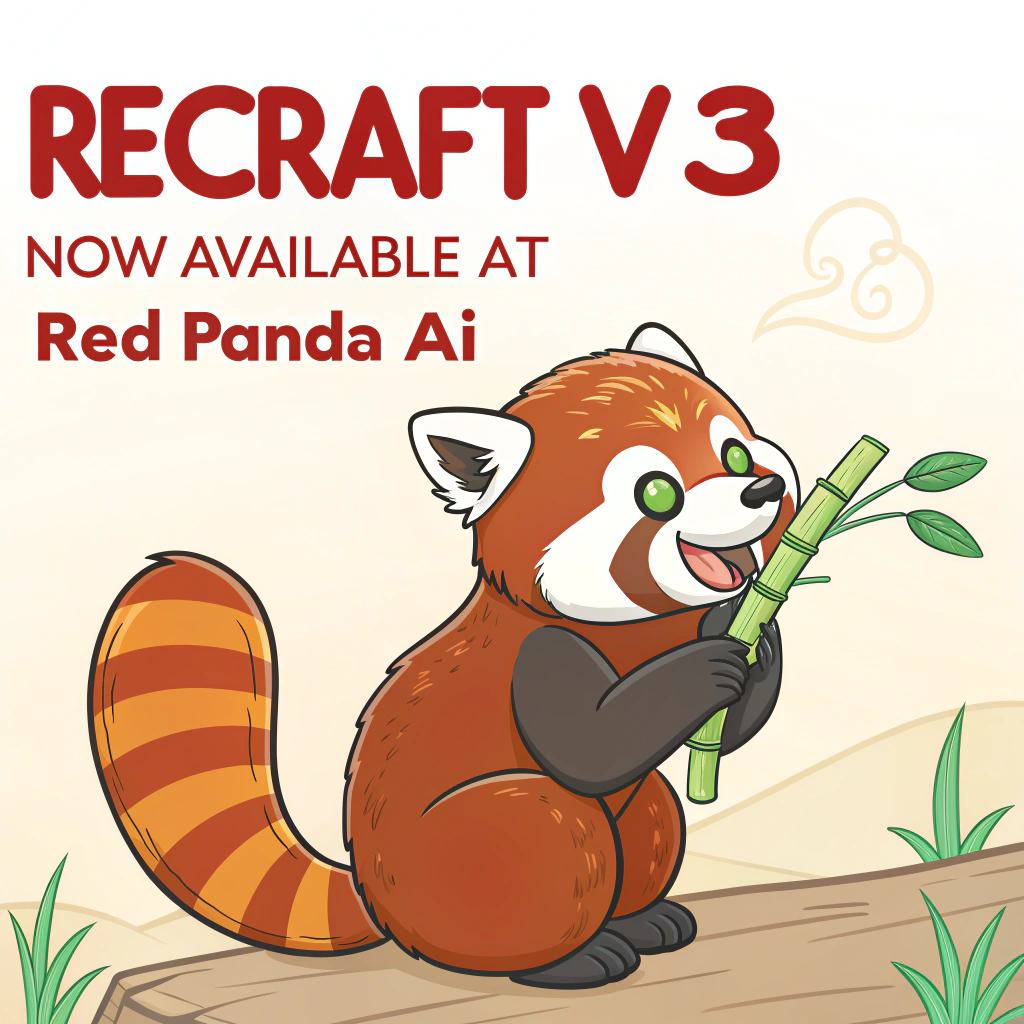 AI generated image by Red Panda AI: a red panda eating a bamboo in front of a poster that says "recraft V3 now available at red panda ai