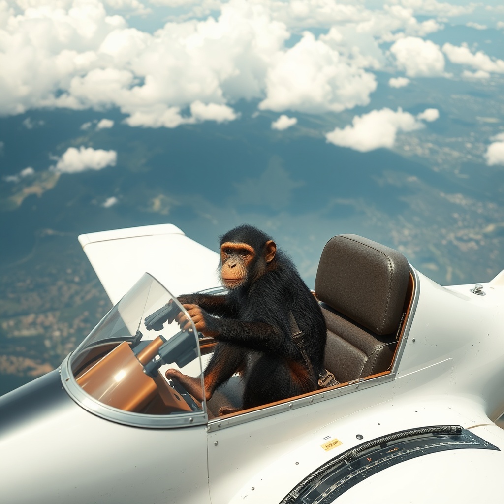 AI generated image by FLUX.1-schnell: un chimpance conduciendo un avion