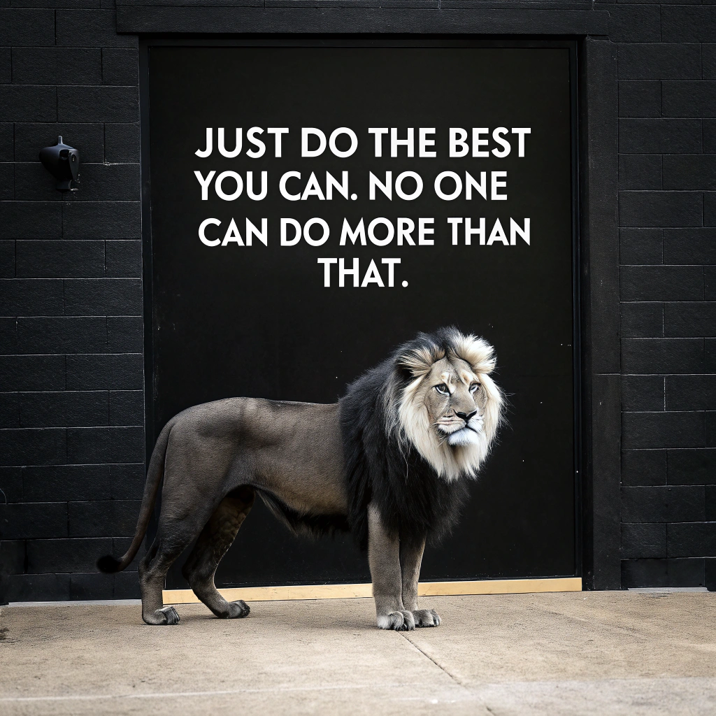 AI generated image by Red Panda AI: a black lyon with a white mane in front of a poster with the phase
"Just do the best you can. No one can do more than that."