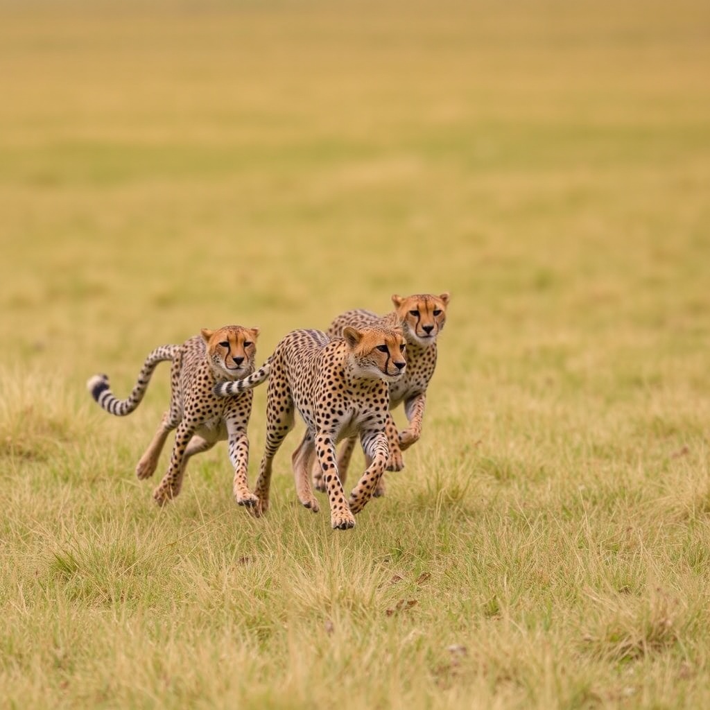 AI generated image by FLUX.1-schnell: A group of cheetahs running across a vast grassland