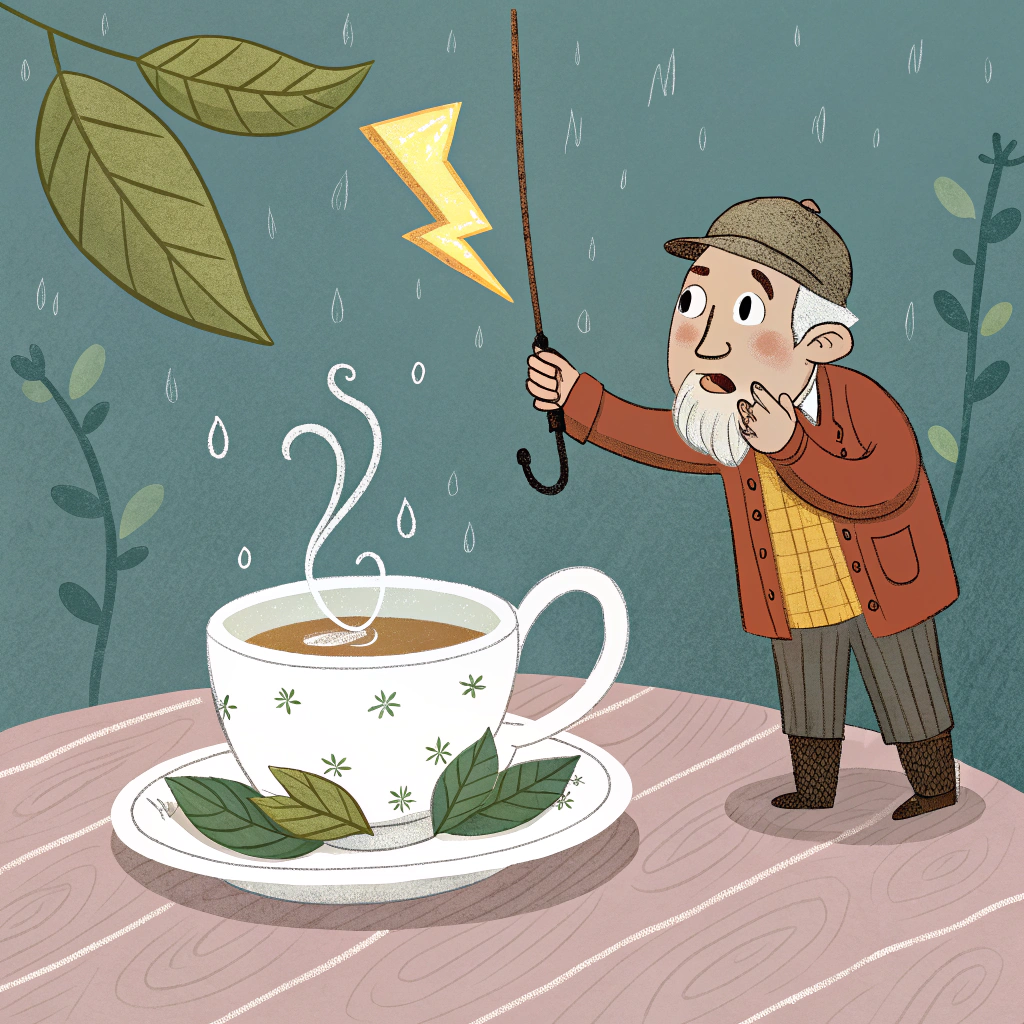 AI generated image by Red Panda AI: на столе стоить кружка чая и на нем плывет листочек а нем стоит дед который поймавший молнию на крючок 
