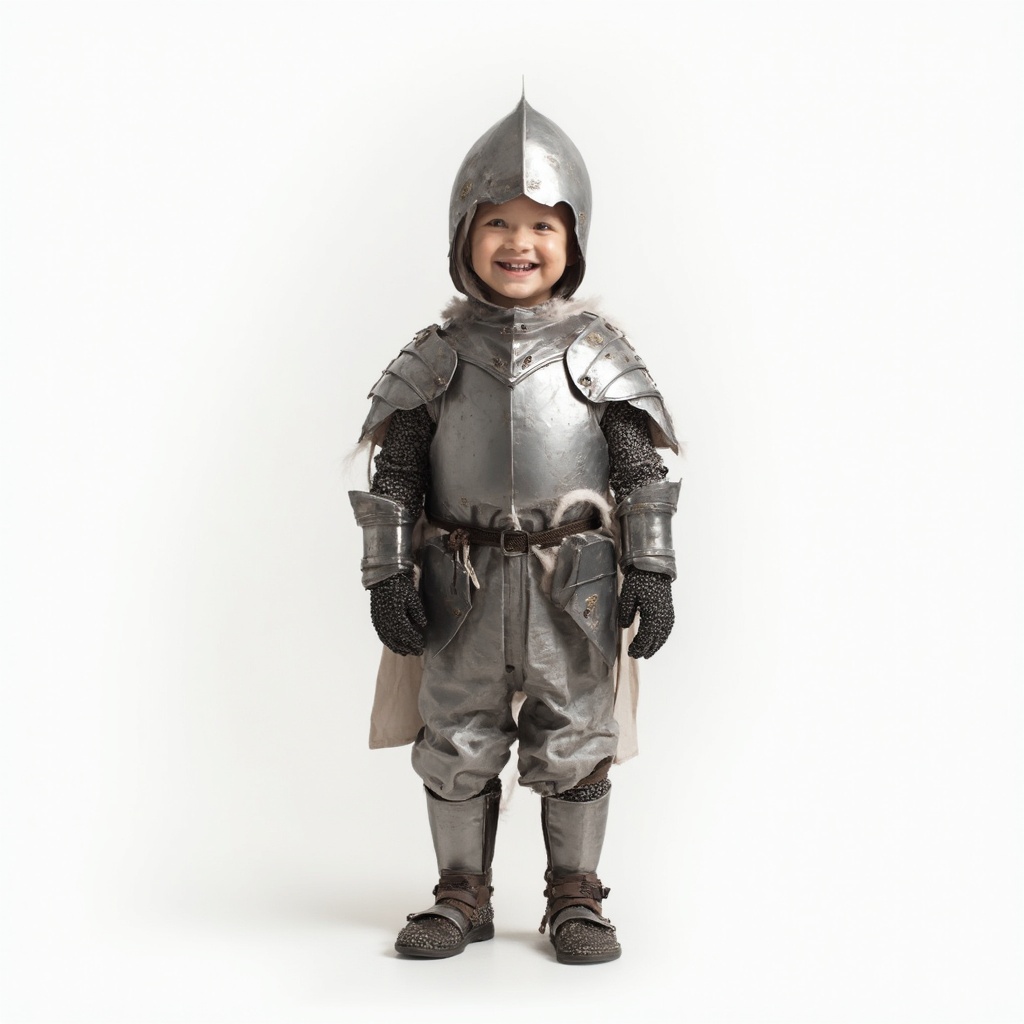 AI generated image by FLUX-Realism-Lora: A photorealistic image of a young child with white skin, standing proudly and smiling in a creative, homemade costume made entirely from hardware store materials. 
The child has a joyful and confident expression, standing in a proud knightly stance, excited for the school party tomorrow.
The background is completely white, making the image clean and professional while focusing on the child and their homemade armor. The lighting is soft and even, enhancing the realistic and high-quality photography effect. The image should be ultra-realistic, capturing every detail of the materials, facial features, and textures to create a charming, lifelike scene
