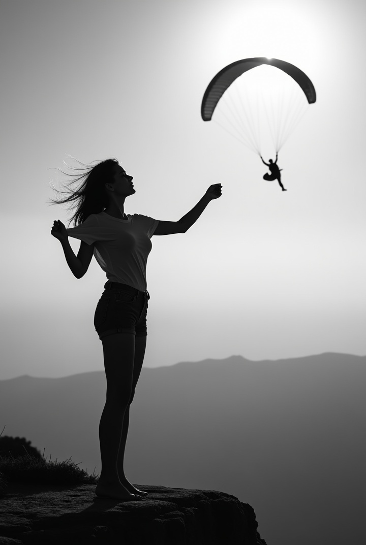 AI generated image by FLUX.1: Black and white photo of a sexy young woman silhouette standing on the cliff lifted her T-shirt to show her breasts to a paraglider flying overhead. Sky background. Backlight 