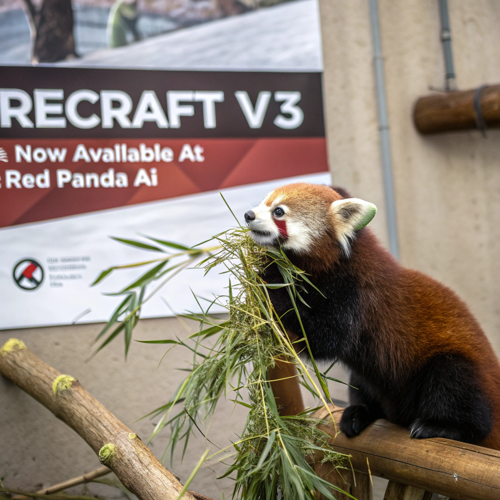 AI generated image by Red Panda AI: a red panda eating a bamboo in front of a poster that says "recraft V3 now available at red panda ai