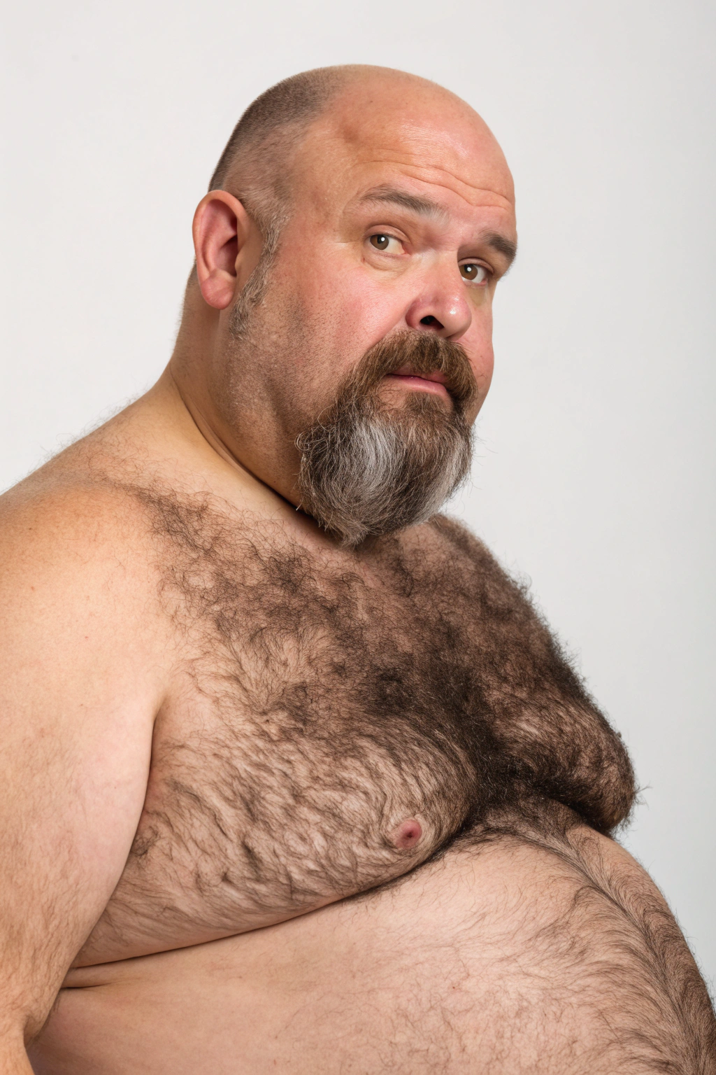 AI generated image by Red Panda AI: a studio photo of a bulky and slightly overweight 50 year old hirsute man. Man has heavy amount of body hair, hairy chest pattern, expanding his bloated heavy bearded-belly, bald head, brown and white goatee