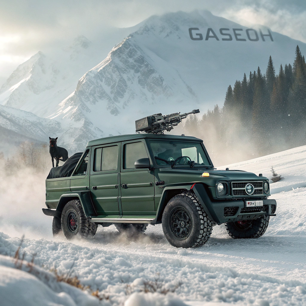 AI generated image by Red Panda AI: Teken een afbeelding van een grote matgroene mercedes g63 6x6 met rokende uitlaatpijpen die aan beide zijkanten onder de auto vandaan komen. In de laadbak wil ik een groot machinegeweer, waar een gespierde kat achter zit, die agressief in het rond schiet. Op de achtergrond wil ik dat je besneeuwde bergen tekent. In de verte op de bergen is de streaming artist 'CaseOh' te zien, die de sneeuw eet.
