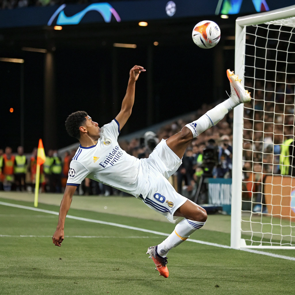 AI generated image by Red Panda AI: Crea una imagen hiperrealista de un jugador de fútbol con la camiseta del real Madrid, que sea casi idéntico a Bellingham, que esté haciendo una chilena, que se vena efectos especiales, que ese vea como el balón ha salido desde su pie mientras hace la chilena y va hasta la portería, defendida por un portero del F.C. Barcelona, donde el portero no llega a parará el balón y donde se ve a los aficionados enloquecidos porque ha marcado gol