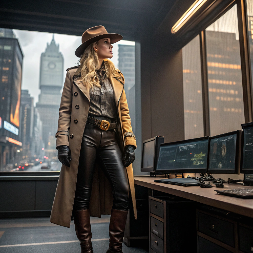 AI generated image by Red Panda AI: Create a futuristic female detective in the classic noir film style, with long blonde hair, leather pants and boots, armored shirt, tan, fedora and trenchcoat, gold circuitry, along the lapels, and the seams of the coat, futuristic, cyberpunk, realistic, photo of realistic, standing in a futuristic detective’s office overlooking a cyberpunk city