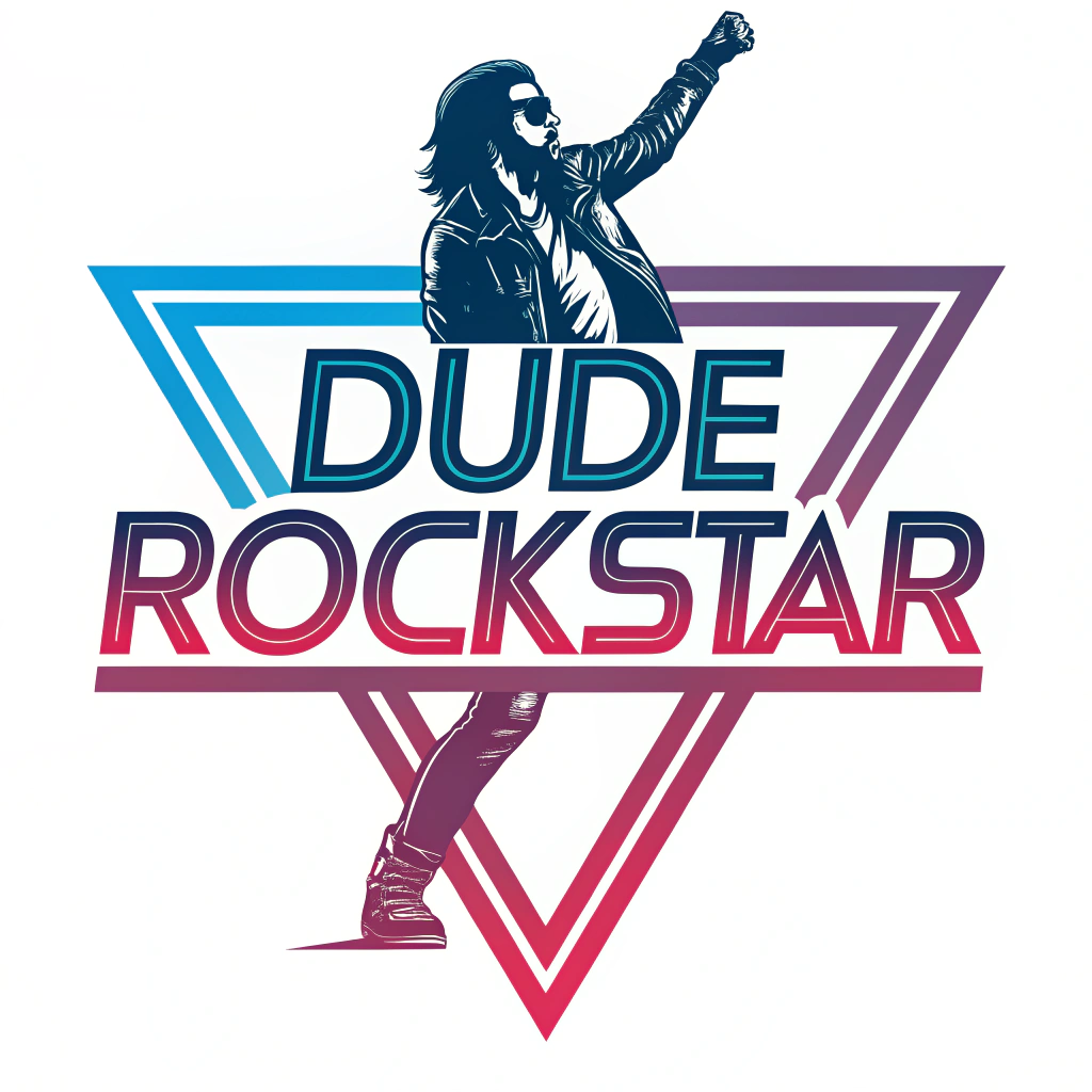 AI generated image by Red Panda AI: logo for a band called "Dude Rockstar", the words "Dude Rockstar" are clear and strong and bold, the logo must be futuristic, modern, high-energy, on white background