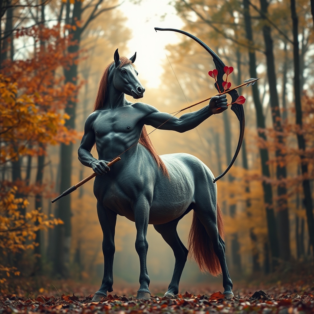 AI generated image by FLUX.1-schnell: a centaur - african man torso, body of a horse. Standing in the autumn forest. Holding a bow with heart-shaped arrows