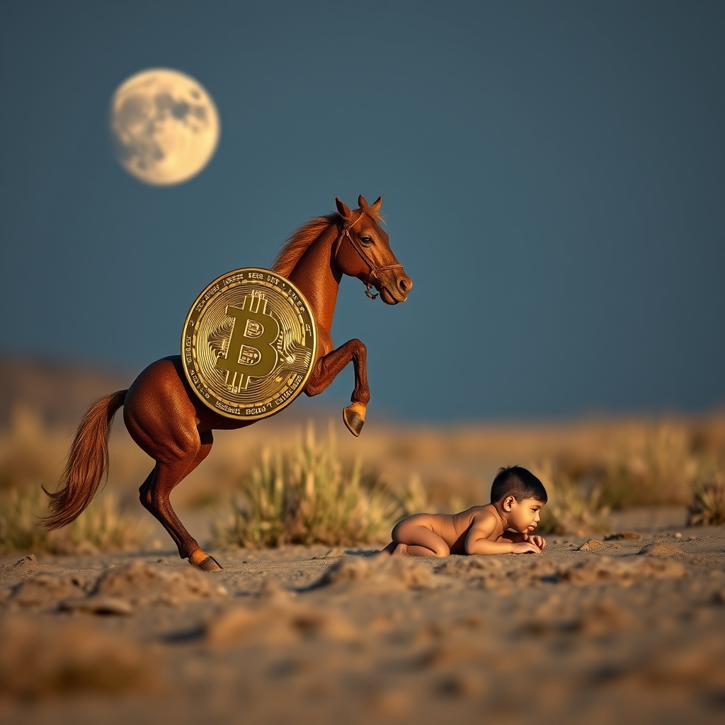 AI generated image by FLUX.1-schnell: Un Bitcoin arriba de un camello corriendo. En el suelo hay un niño sonriendo. Al fondo se ve la Luna llena brillando