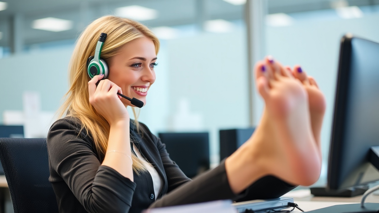 AI generated image by FLUX.1-schnell: blonde call center agent wearing a headset with feet up on the desk while a phone is ringing